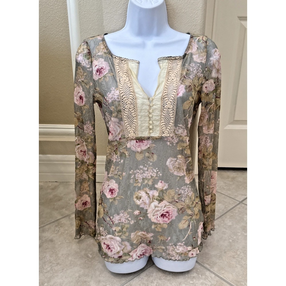 VTG Denim & Supply Ralph‎ Lauren Cottagecore Lace Floral Top Cream Sz M Sheer